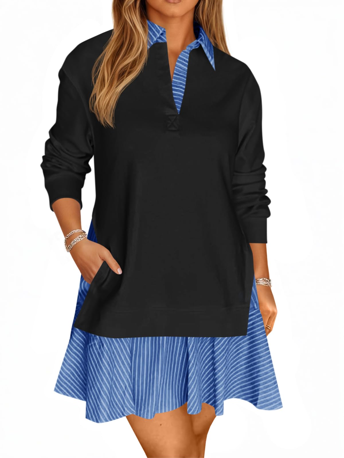 Women's Oversized Collared V Neck Patchwork Sweatshirt Dress