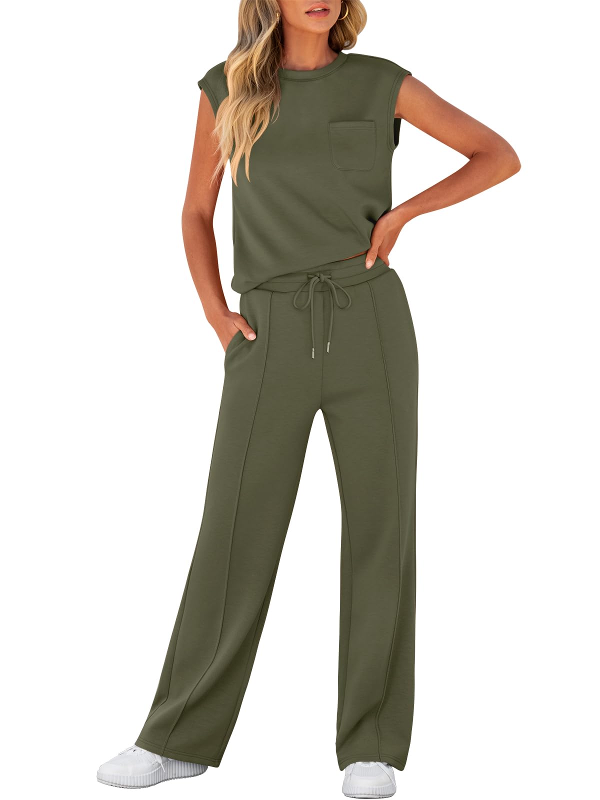 Women's Sleeveless Sweatsuits Matching Wide Leg Tracksuits Lounge Sets