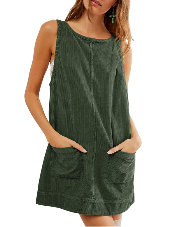 Women's Corduroy Overall Dress Round Neck Wide Strap Mini Dress with Pockets
