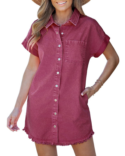 Women's Button Down Frayed Hem Denim Shirt Dresses(BUY 2 FREE SHIPPING)
