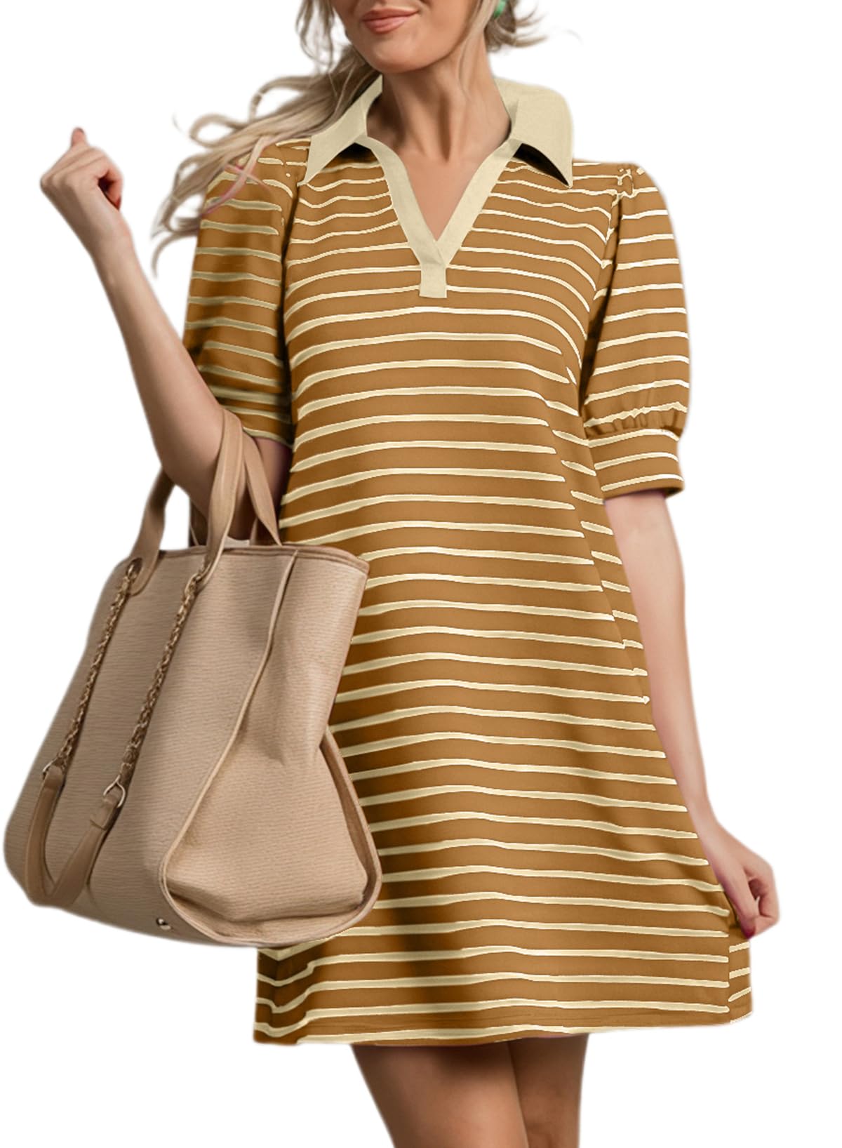 Women's Casual Polo V Neck T Shirt Striped Dress
