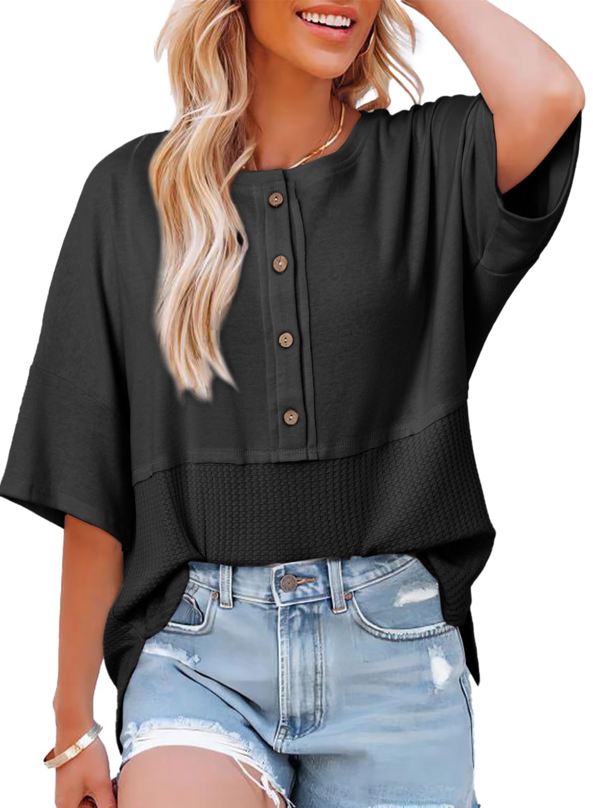 Women's 3/4 Sleeve Casual Button Down Waffle Knit Tops