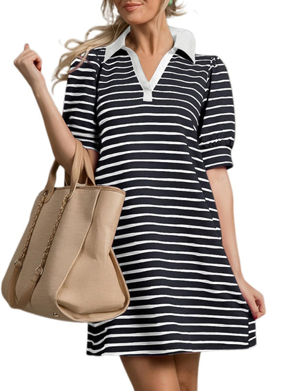 Women's Casual Polo V Neck T Shirt Striped Dress