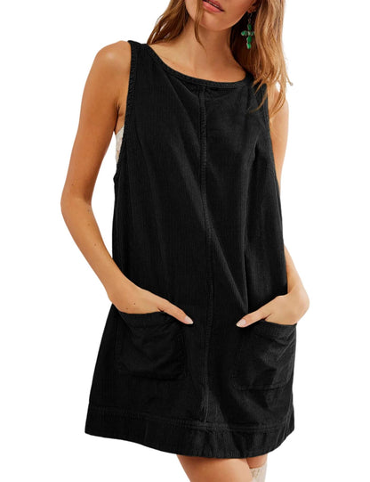Women's Corduroy Overall Dress Round Neck Wide Strap Mini Dress with Pockets