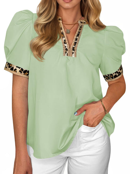 Womens Leopard V Neck Color Block Puff Sleeve Tops