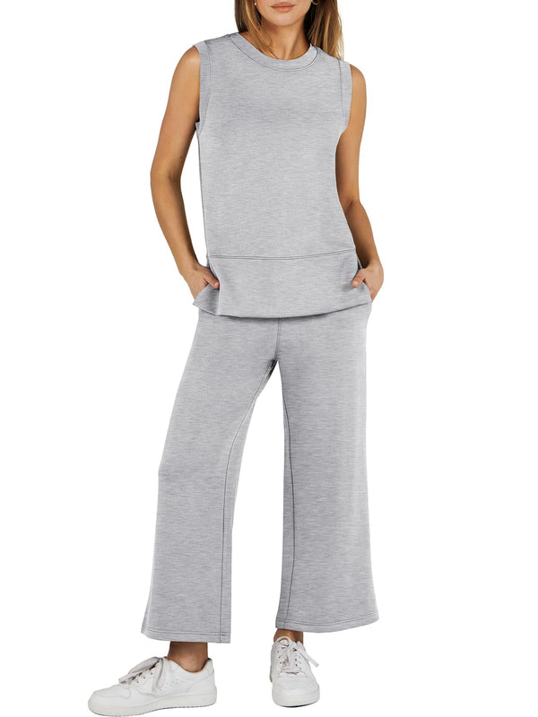 Women's Sleeveless Slit Hem Wide Leg Suit Casual Two Piece Set