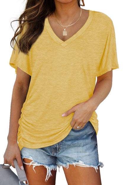 Women's Short Sleeve V Neck Dolman Tops with Side Shirring