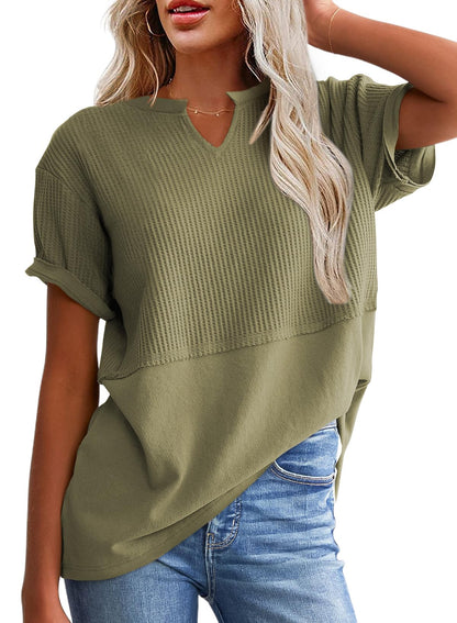 Women's Casual V Neck Waffle Knit Tops Short Sleeve T Shirts