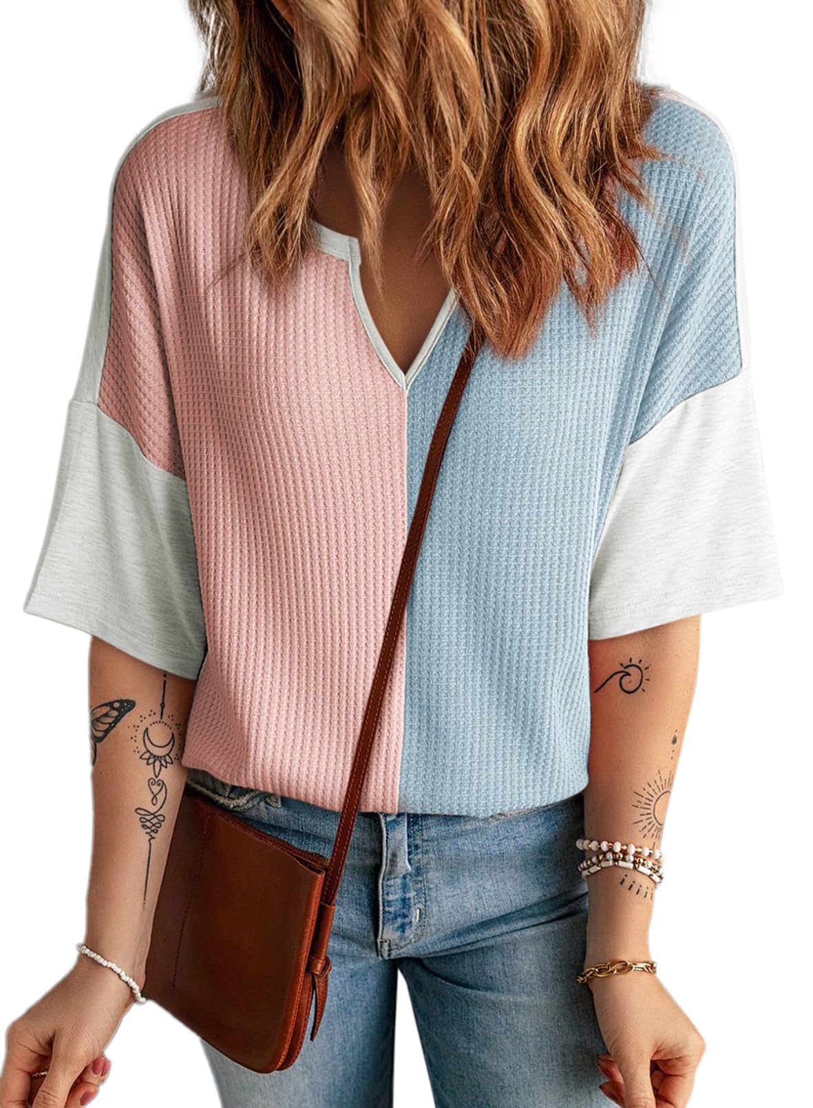Women's Half Sleeve Waffle Knit Casual V Neck Colorblock Patchwork Shirts