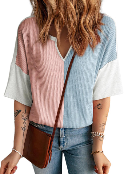 Women's Half Sleeve Waffle Knit Casual V Neck Colorblock Patchwork Shirts