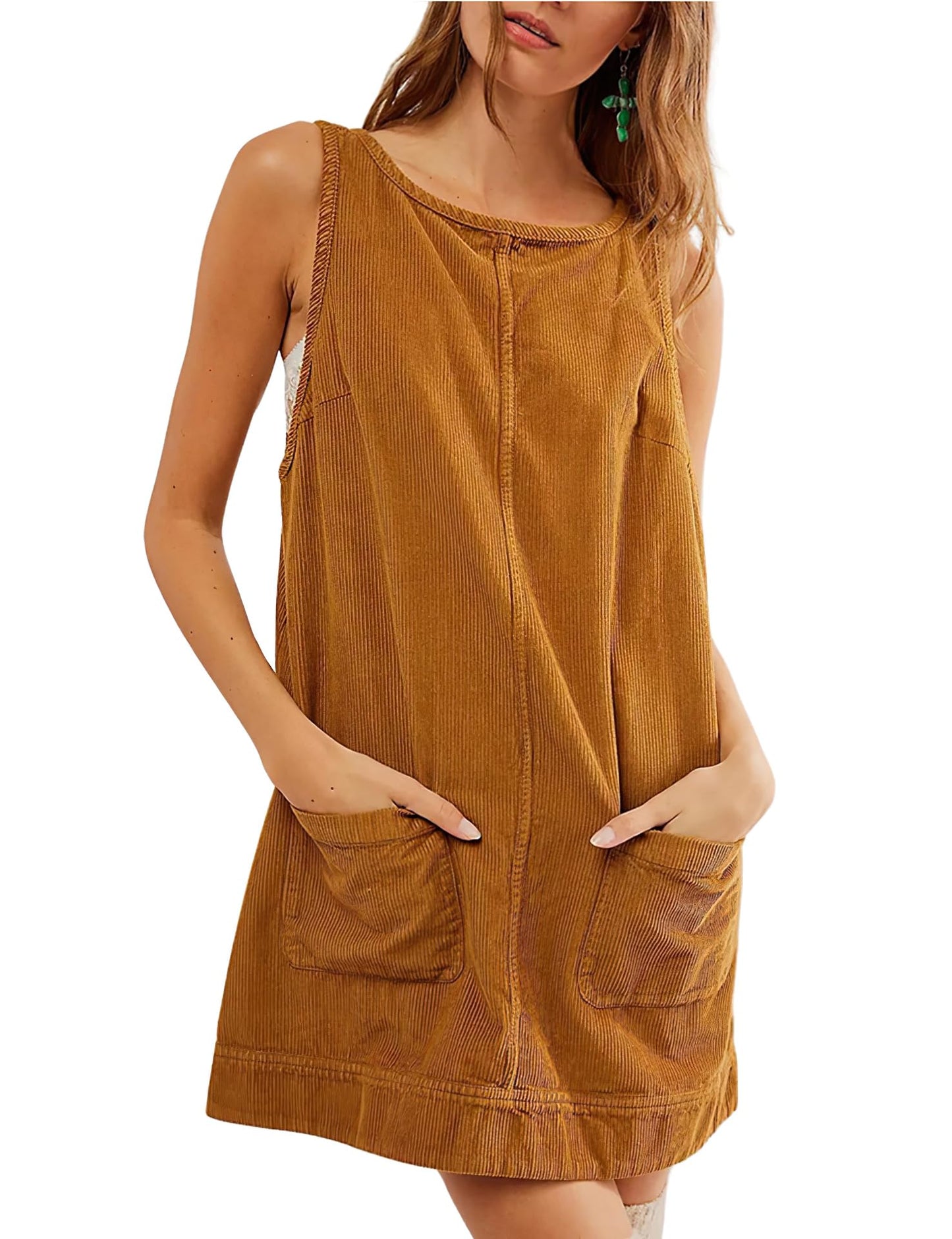 Women's Corduroy Overall Dress Round Neck Wide Strap Mini Dress with Pockets