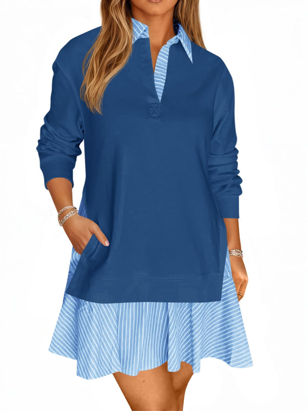 Women's Oversized Collared V Neck Patchwork Sweatshirt Dress