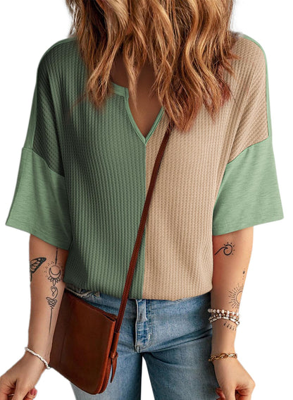 Women's Half Sleeve Waffle Knit Casual V Neck Colorblock Patchwork Shirts