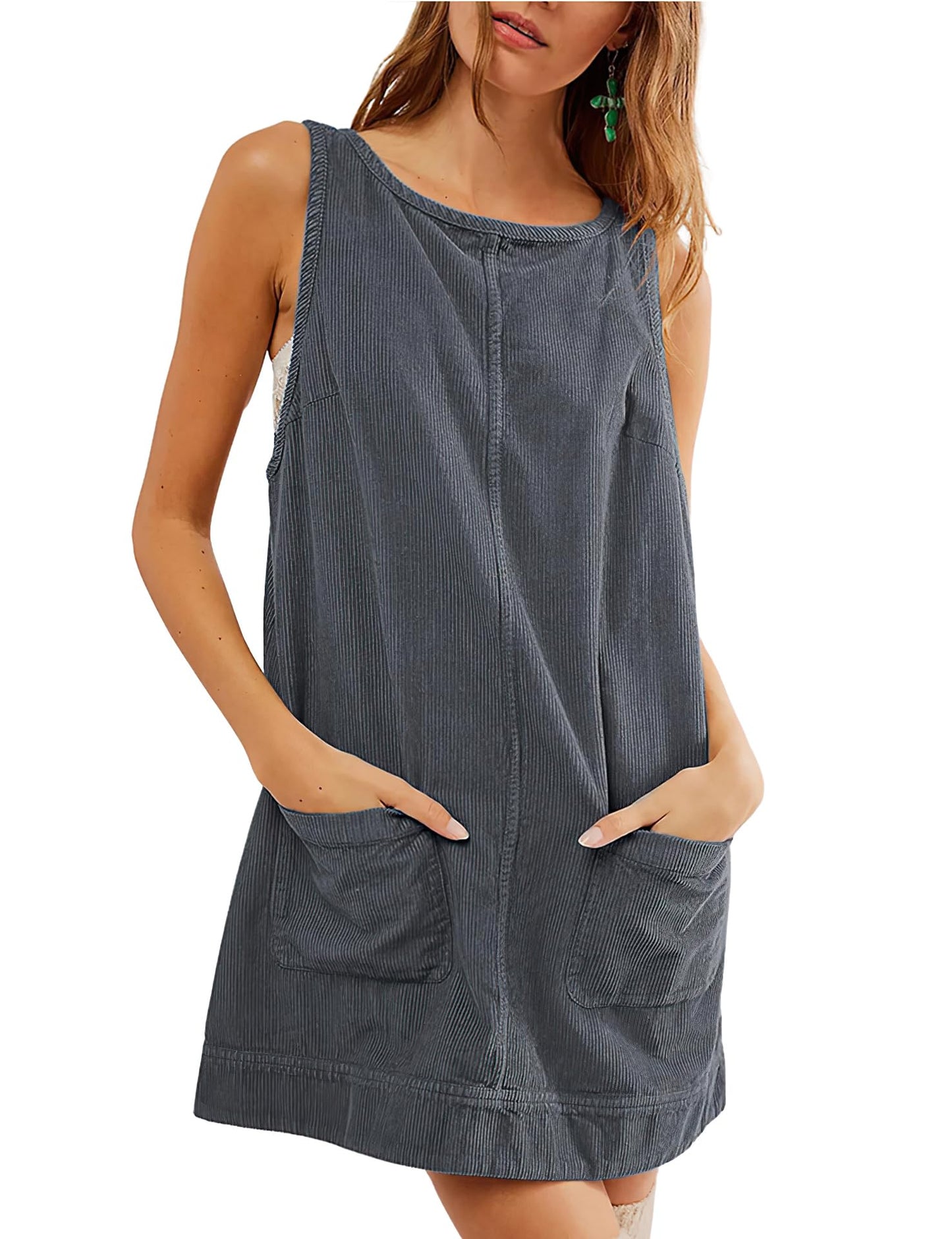 Women's Corduroy Overall Dress Round Neck Wide Strap Mini Dress with Pockets