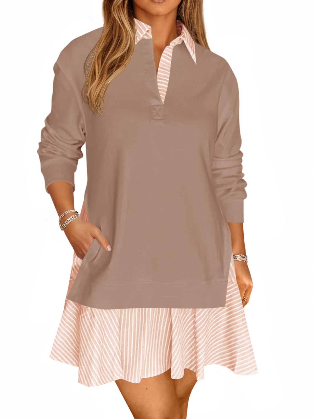 Women's Oversized Collared V Neck Patchwork Sweatshirt Dress