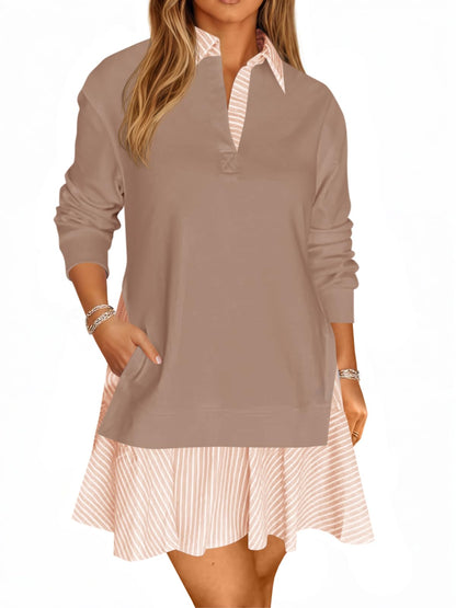 Women's Oversized Collared V Neck Patchwork Sweatshirt Dress