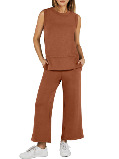 Women's Sleeveless Slit Hem Wide Leg Suit Casual Two Piece Set