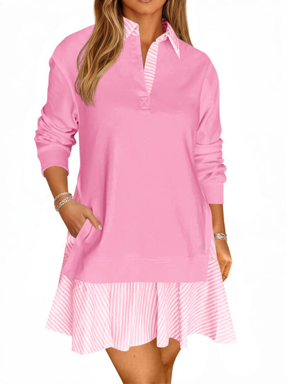 Women's Oversized Collared V Neck Patchwork Sweatshirt Dress