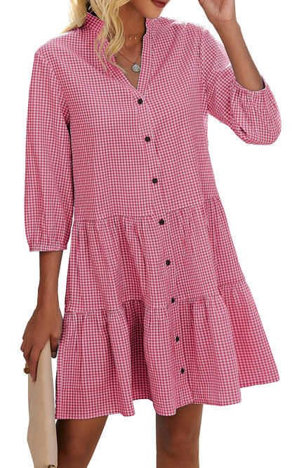 Women's Button Down 3/4 Sleeve Gingham Shirt Dress(BUY 2 FREE SHIPPING)