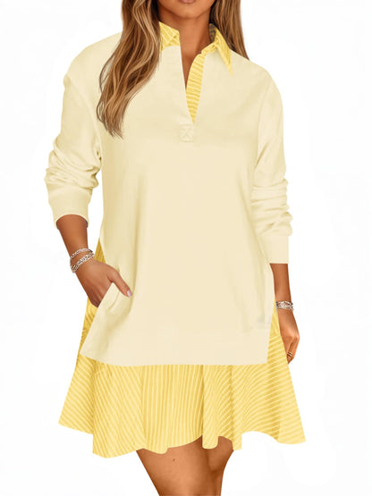 Women's Oversized Collared V Neck Patchwork Sweatshirt Dress