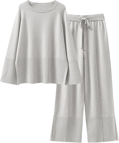 Womens Oversized Knit Sweater Set Wide Leg Pant Cozy Lounge Matching Pajama Sets