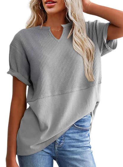 Women's Casual V Neck Waffle Knit Tops Short Sleeve T Shirts
