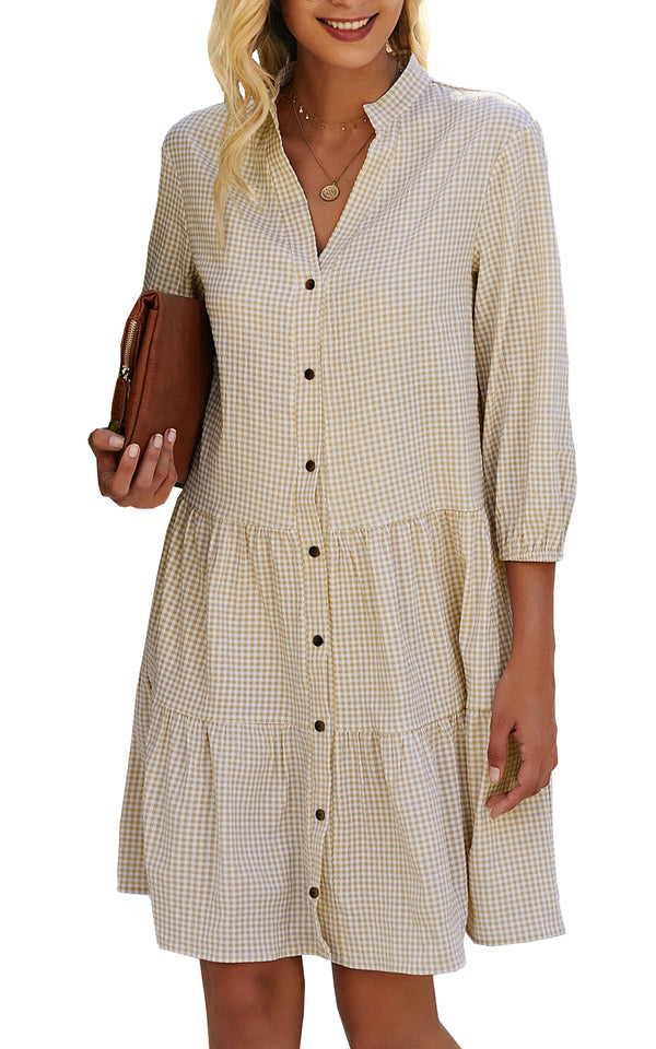 Women's Button Down 3/4 Sleeve Gingham Shirt Dress(BUY 2 FREE SHIPPING)