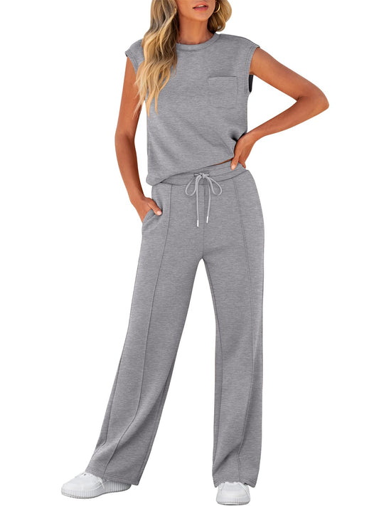 Women's Sleeveless Sweatsuits Matching Wide Leg Tracksuits Lounge Sets