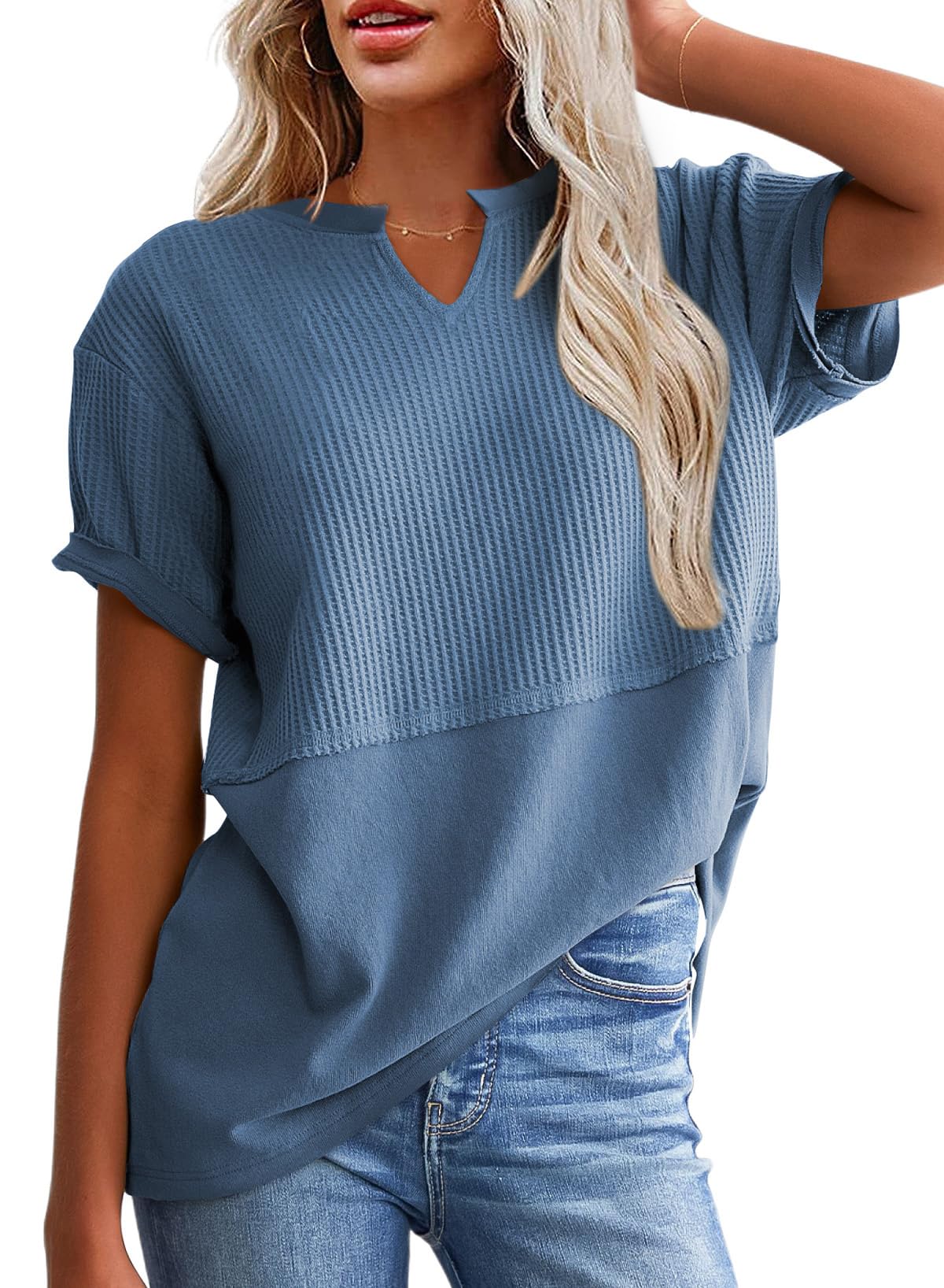 Women's Casual V Neck Waffle Knit Tops Short Sleeve T Shirts