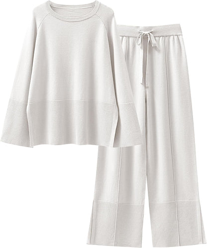 Womens Oversized Knit Sweater Set Wide Leg Pant Cozy Lounge Matching Pajama Sets