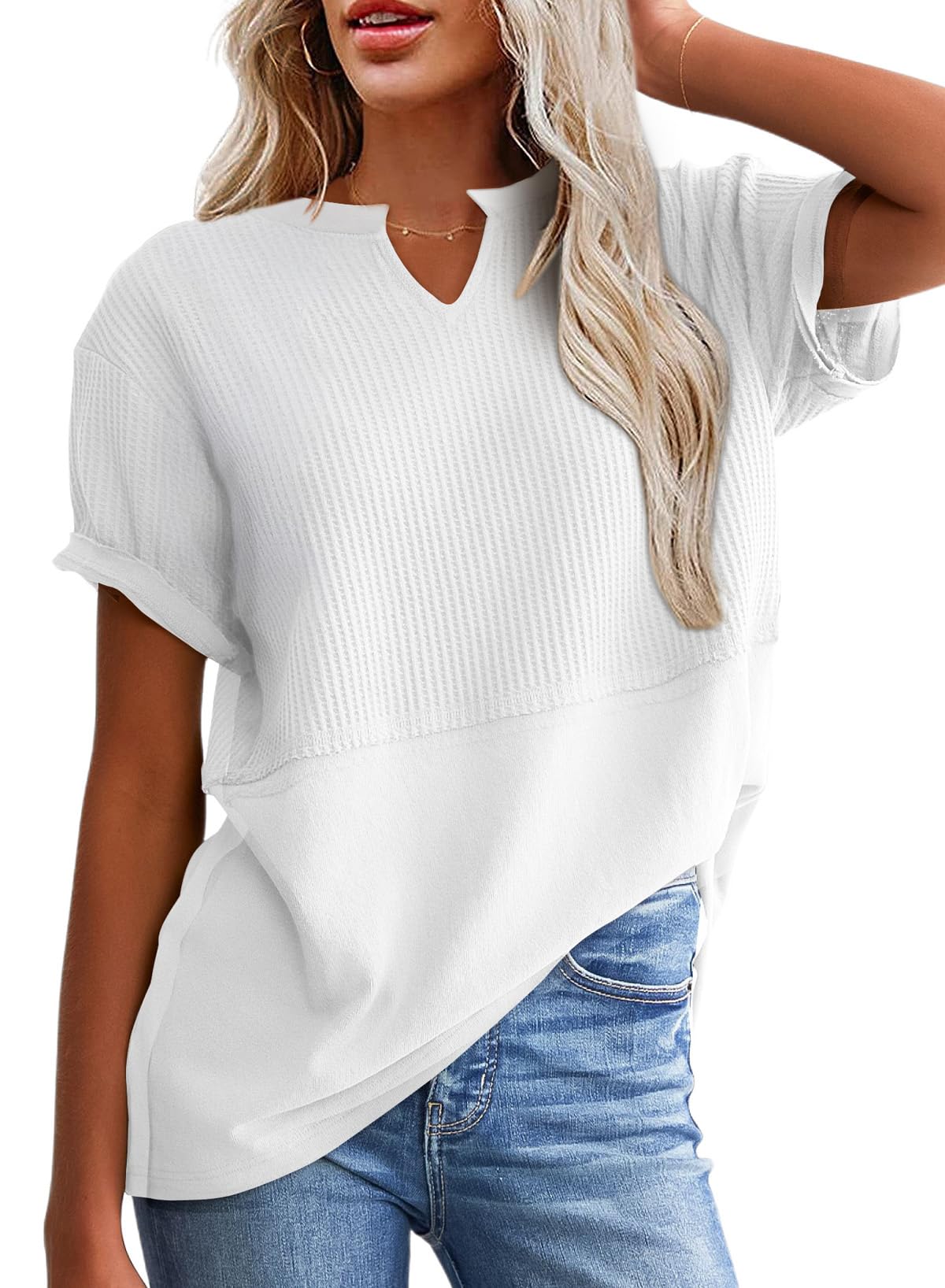 Women's Casual V Neck Waffle Knit Tops Short Sleeve T Shirts