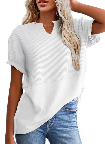 Women's Casual V Neck Waffle Knit Tops Short Sleeve T Shirts