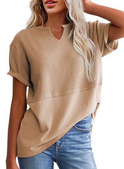 Women's Casual V Neck Waffle Knit Tops Short Sleeve T Shirts