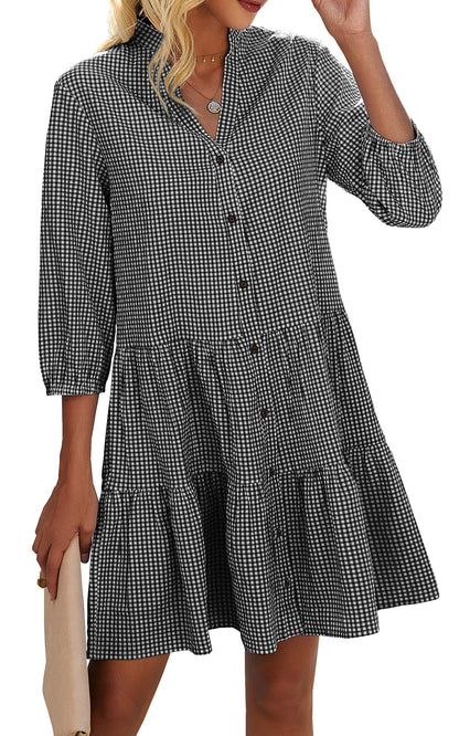 Women's Button Down 3/4 Sleeve Gingham Shirt Dress(BUY 2 FREE SHIPPING)