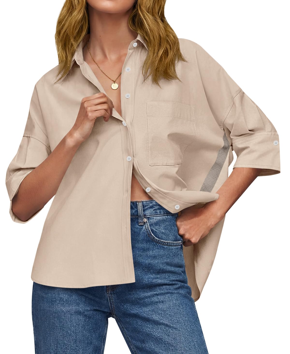 Womens Oversized Button Down Shirts Half Sleeve V Neck Blouses