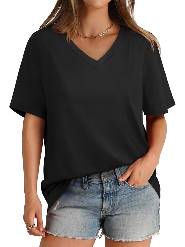 2026 Women's Solid Color V-Neck Loose Short Sleeve T-Shirt Top