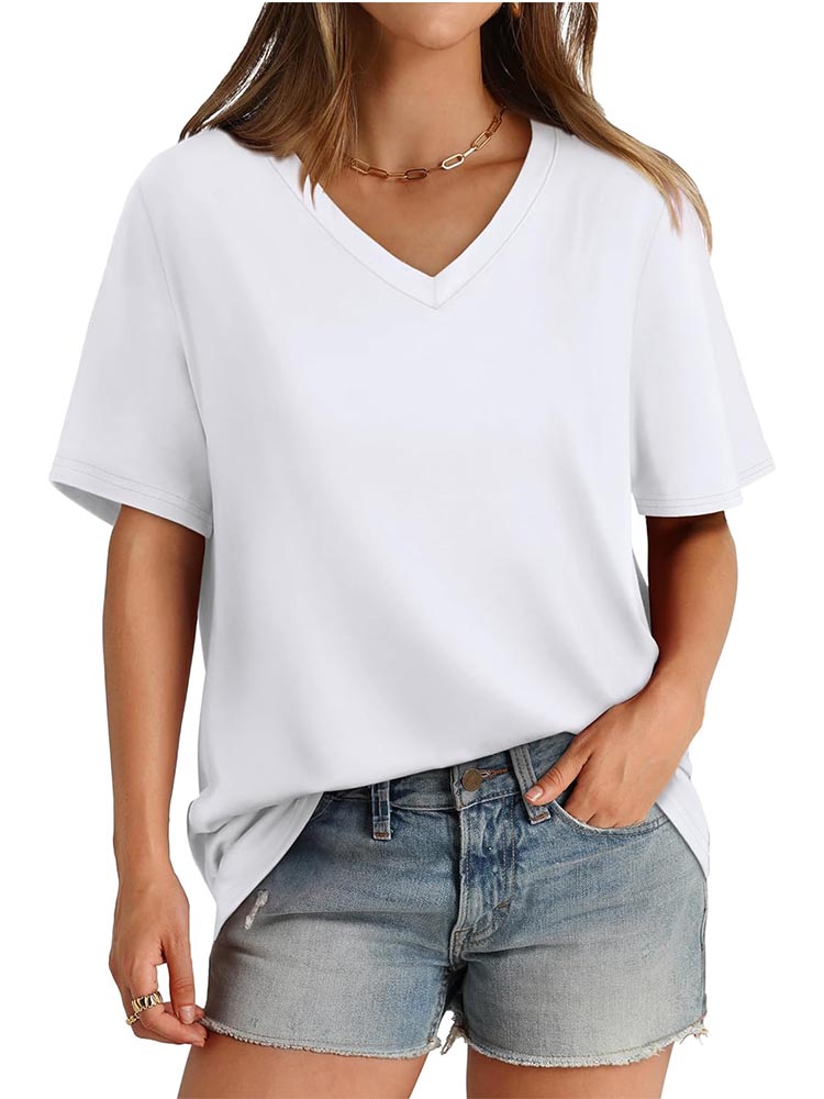 2026 Women's Solid Color V-Neck Loose Short Sleeve T-Shirt Top
