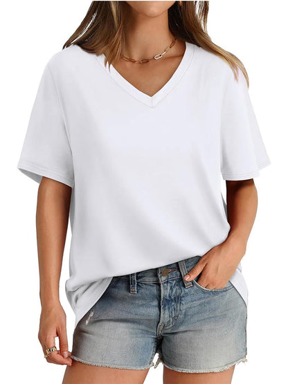 2026 Women's Solid Color V-Neck Loose Short Sleeve T-Shirt Top