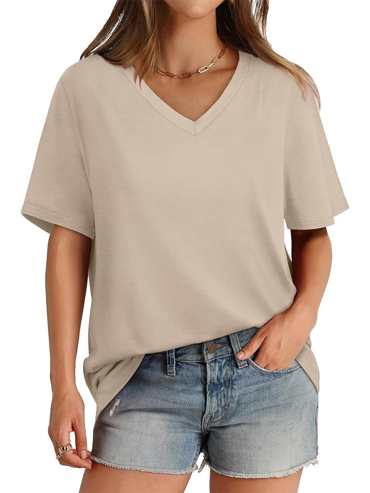2026 Women's Solid Color V-Neck Loose Short Sleeve T-Shirt Top