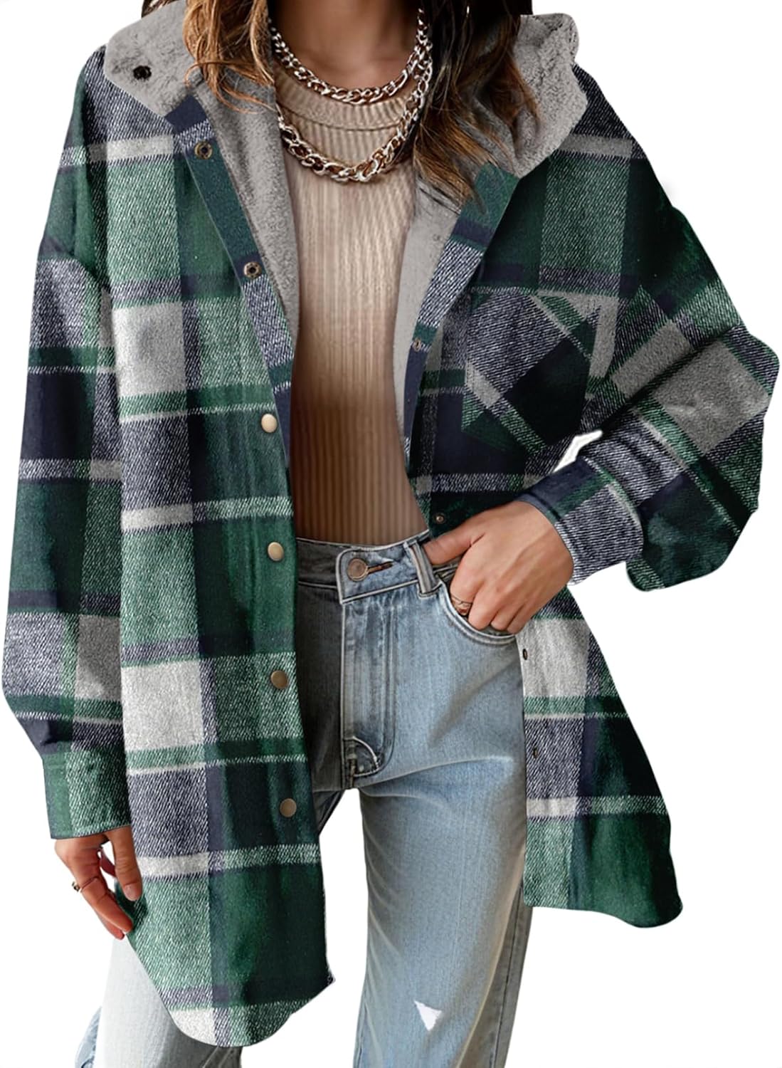 🔥Women's Flannel Hooded Plaid Shacket Thick Coat Fuzzy Fleece Jacket
