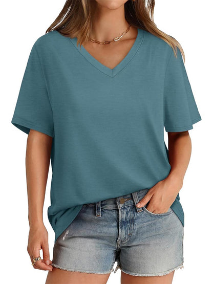 2026 Women's Solid Color V-Neck Loose Short Sleeve T-Shirt Top