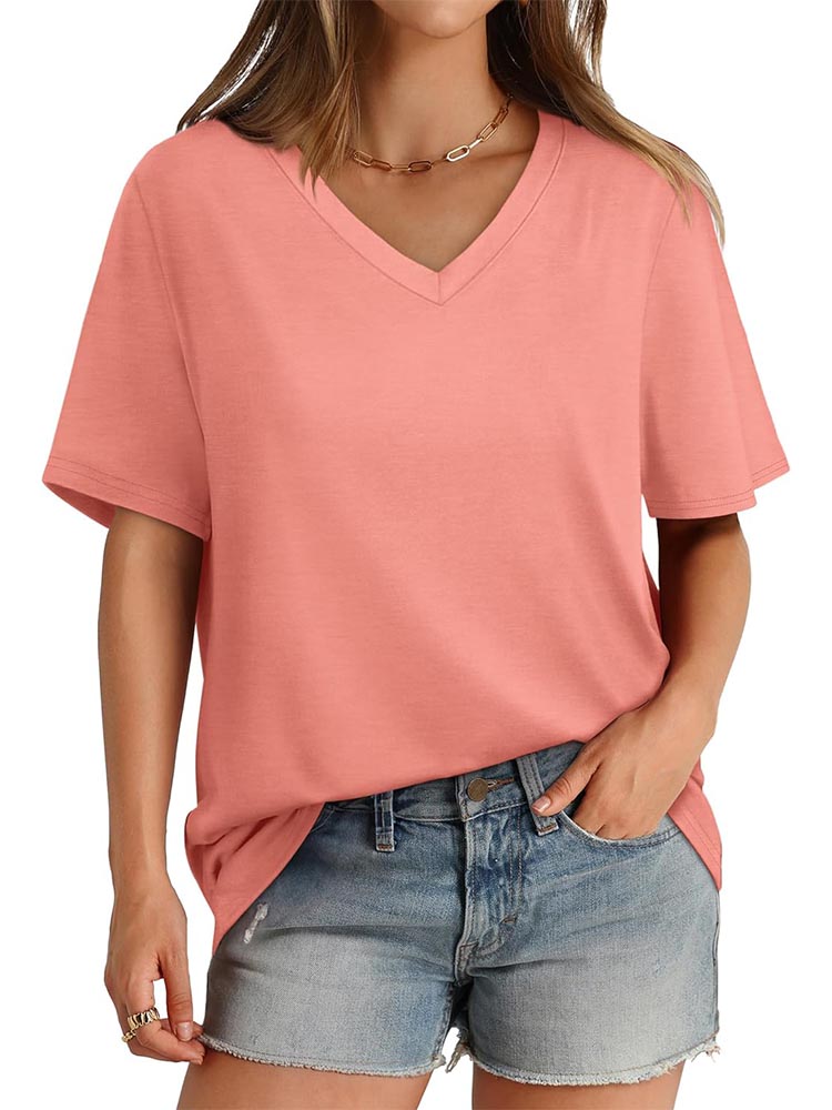 2026 Women's Solid Color V-Neck Loose Short Sleeve T-Shirt Top