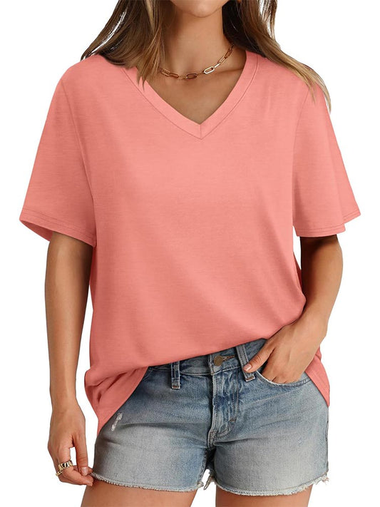 2026 Women's Solid Color V-Neck Loose Short Sleeve T-Shirt Top