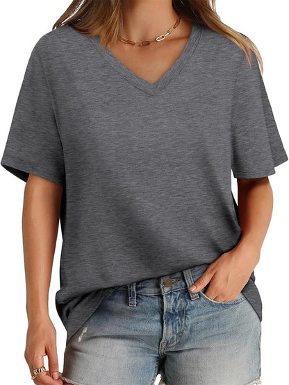 2026 Women's Solid Color V-Neck Loose Short Sleeve T-Shirt Top