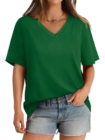 2026 Women's Solid Color V-Neck Loose Short Sleeve T-Shirt Top