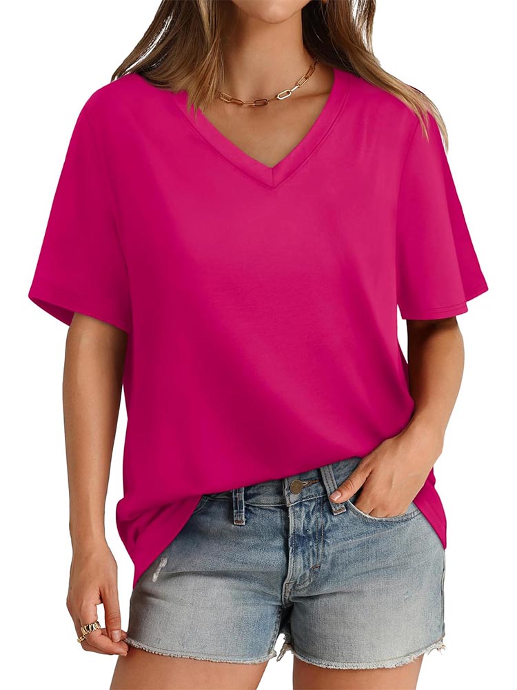 2026 Women's Solid Color V-Neck Loose Short Sleeve T-Shirt Top