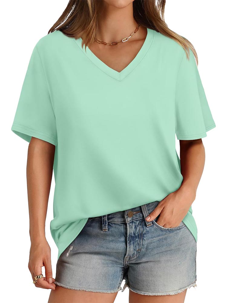 2026 Women's Solid Color V-Neck Loose Short Sleeve T-Shirt Top