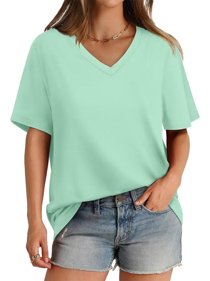 2026 Women's Solid Color V-Neck Loose Short Sleeve T-Shirt Top