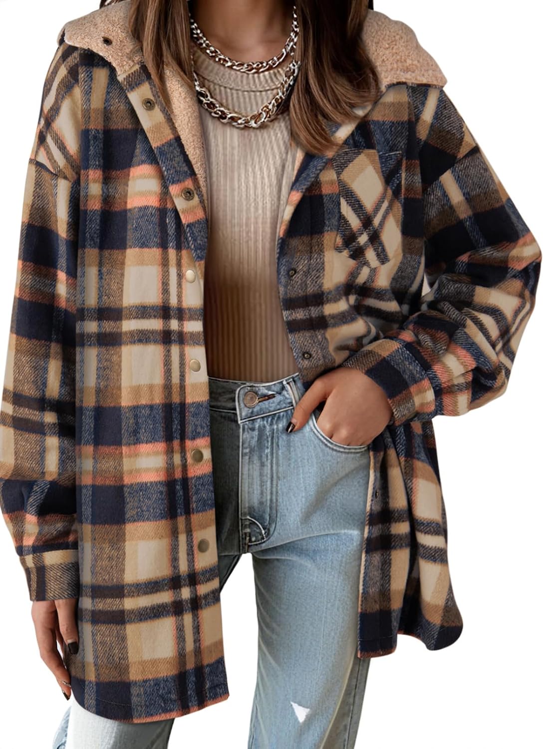🔥Women's Flannel Hooded Plaid Shacket Thick Coat Fuzzy Fleece Jacket