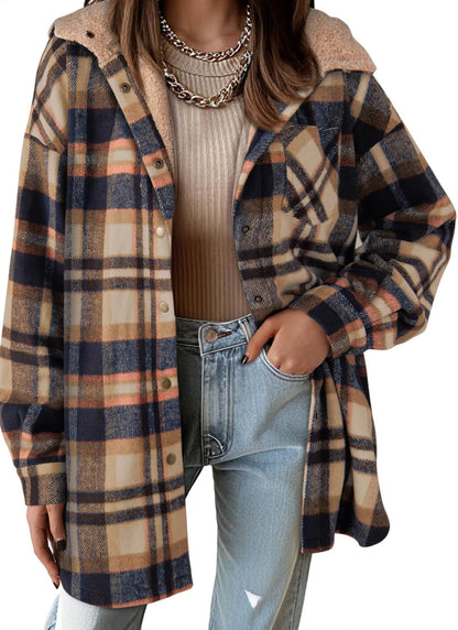 🔥Women's Flannel Hooded Plaid Shacket Thick Coat Fuzzy Fleece Jacket